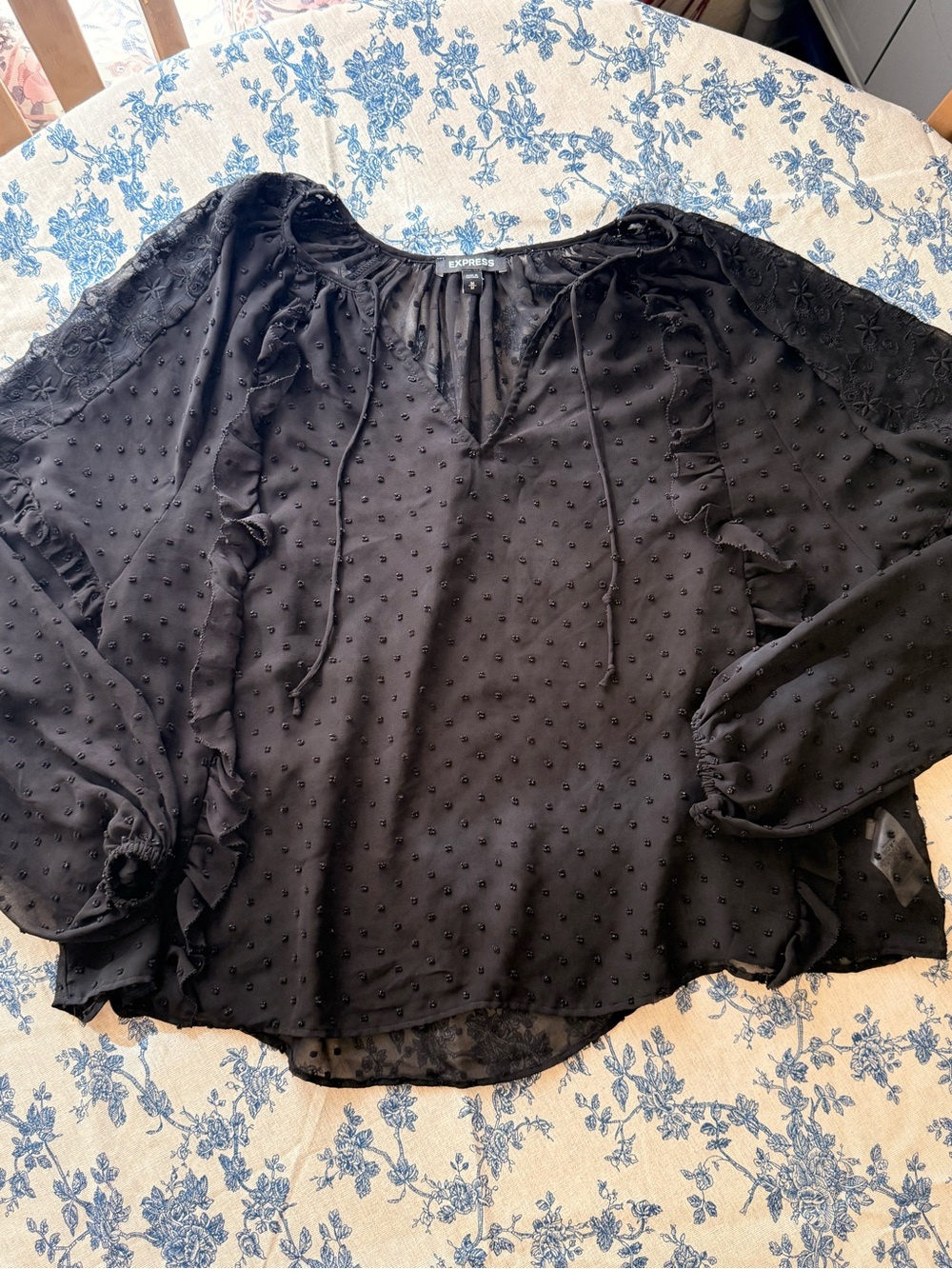 Express Black Swiss-Dot Ruffle Peasant Blouse